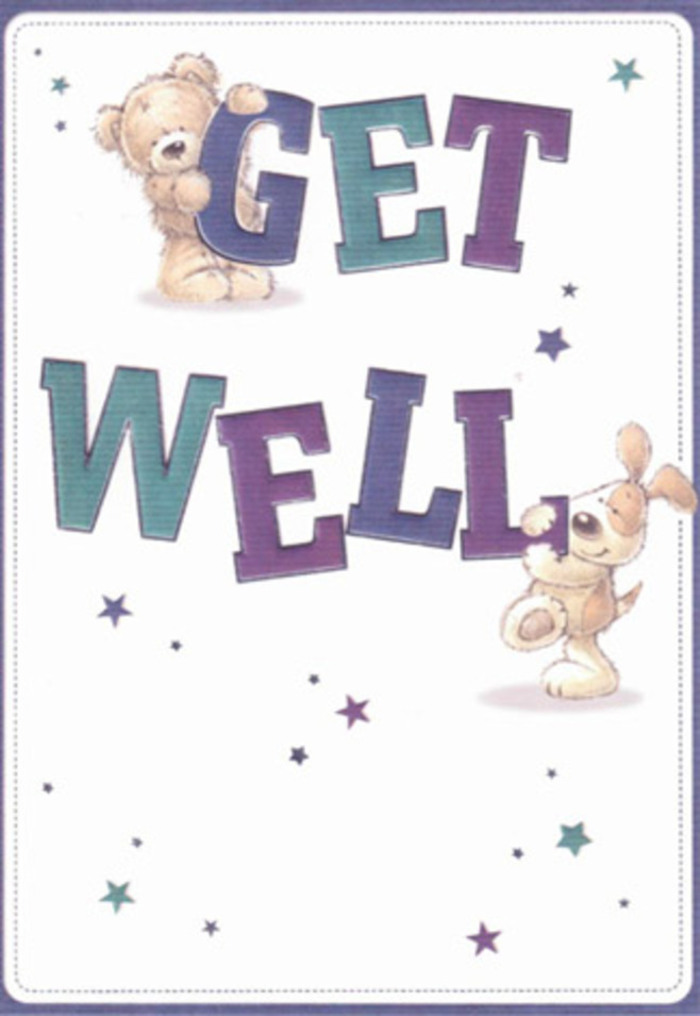 An uplifting get well card illustration portrays a tender little scene that feels as comforting as a warm blanket on a chilly Purley evening. At the centre, two charming characters-a plump teddy bear and a friendly puppy with floppy ears-cooperate to present the message GET WELL in big, bold letters. The typography is rounded and almost pillow-like, shaded with velvety gradients of purple, indigo and teal that add depth without feeling heavy. The bear clutches the top of the word GET, its soft, tawny fur and stitched details suggesting a beloved childhood toy, while the puppy leans and balances its paws against WELL, tail poised as if mid-wag. Their faces are expressive and gentle, conveying affection and quiet encouragement, the way a florist might gently place the last stem in a get well bouquet destined for a home off Brighton Road. Surrounding them are delicate star shapes and tiny bursts of light, scattered freely in tones of blue, violet and lavender, as though good wishes are drifting through the air. The creamy white background keeps the design clean and uncluttered, allowing the characters and text to stand out with clarity and warmth. Though no flowers appear in the artwork, there is a similar sense of thoughtful composition: colours chosen to soothe rather than startle, shapes softened to ease anxious hearts. The card feels ideal to accompany a basket of fresh blooms delivered around Purley town centre, offering not only a kind message but a visual promise of better days ahead.
