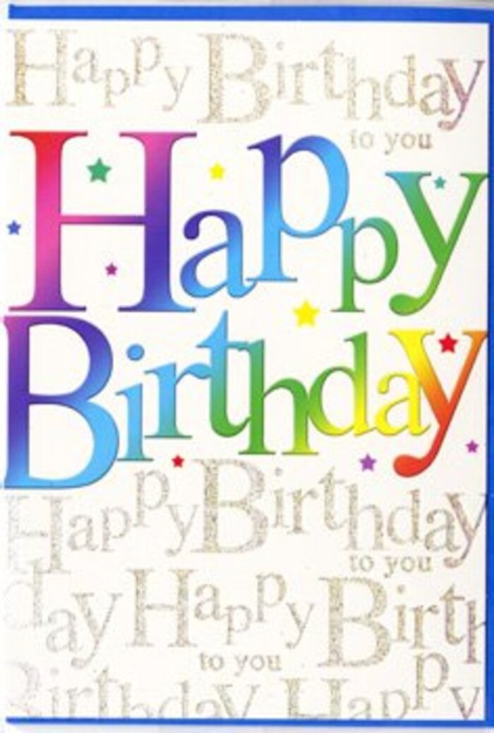 The birthday card pictured here radiates happiness, with a design that feels as welcoming as walking into a favourite Purley café on a bright morning. Dominating the front is the phrase Happy Birthday, spelled out in large, rounded letters that stretch from one side of the card to the other. Each letter glows in its own colour, creating a rainbow that runs from deep raspberry and warm orange through golden yellow, spring green, turquoise, and sapphire to rich violet, reminiscent of a colourful display of bouquets lined up in a Purley florist window. The lettering seems to have a soft, satiny finish, giving it a light sheen and a gentle sense of depth, as if the ink sits slightly raised on the card. Behind this lively headline, the background is filled with delicate golden script. The words Happy Birthday to you are written again and again in looping, cursive lines that weave gracefully across the surface, overlapping like a harmonious chorus of birthday wishes shared at a family gathering in a Purley home. The metallic gold ink offers a subtle shimmer rather than a harsh glitter, catching the light in a way that adds refinement and warmth. Around the main text, tiny star shapes and specks of colour are sprinkled sparingly, echoing the rainbow tones of the letters and suggesting confetti scattered across a party table. The card stock appears to be smooth and slightly creamy, a soft neutral backdrop that lets the bold colours and golden detail shine. Altogether, the card feels joyful yet thoughtfully designed-a contemporary birthday greeting that would pair beautifully with fresh, hand-arranged flowers from a local Purley florist.