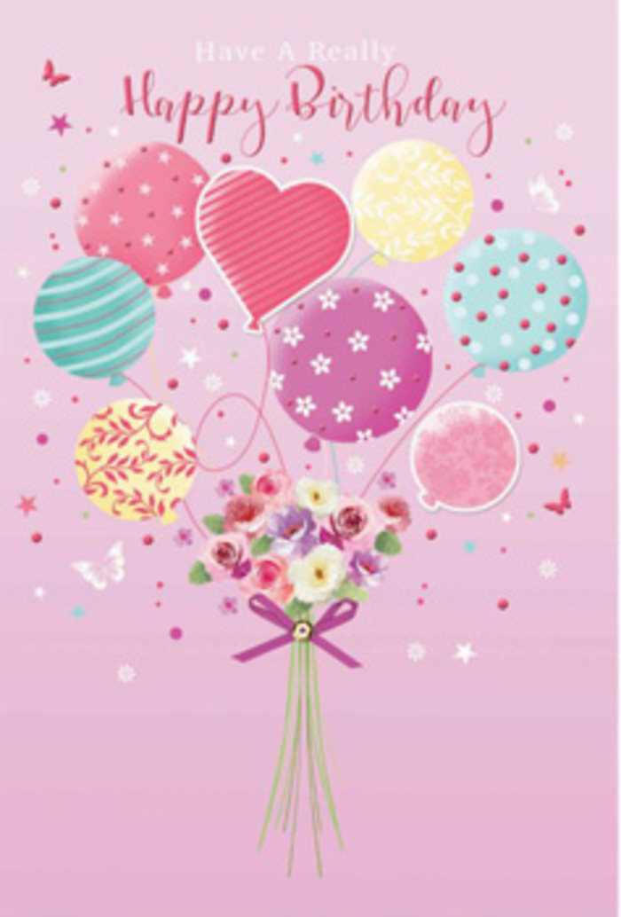 There is a gentle, uplifting joy in this floral birthday artwork, as though a small garden of blooms and balloons had taken flight over Purley's tree-lined streets. The backdrop is a muted, rosy pink that allows the pastel colours to glow softly without overwhelming the eye. Floating at the top of the composition is a cluster of balloons in pale sunshine yellow, rosy fuchsia, lavender, and soft teal, each one delicately shiny, as if lacquered with light. Their surfaces are playfully decorated: some feature spiral ribbon stripes that wrap around their curves, others are sprinkled with dainty polka dots, and a few display tiny floral prints that echo the bouquet below. From this cluster hangs a neat, hand-tied bouquet, the stems pulled tightly together with a sparkling purple bow, reminiscent of the finishing touches a florist in Purley might add just before sending out a birthday delivery. The flowers appear petite yet plentiful-small roses and daisy-like blossoms in cream, blush, and rose-pink shades, their petals shaded subtly to suggest softness and depth, like blooms touched by the first rays of morning sun. You can almost sense their light, sweet fragrance, a reminder of stepping into a flower shop on a fresh spring day. Soft light bathes the entire scene, catching the glossy balloon surfaces and the delicate edges of the petals, giving the illustration a glowing, celebratory quality. It feels like a moment frozen in time: balloons gently rising, flowers just at their peak, and the quiet thrill of knowing someone in Purley is being lovingly remembered on their birthday.