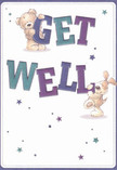 A whimsical illustrated get well card shows two adorable friends-a soft, cuddly teddy bear and a floppy-eared puppy-working together to hold up the big, bouncy letters spelling GET WELL. The words are drawn in bold, rounded typography, shaded in deep purples, indigos and teal aquas that almost seem to pop off the creamy white background. The bear's paws grip the top of the word GET, his fur rendered with gentle brushstrokes that suggest a velvety, well-loved toy, while the puppy leans against the word WELL, his long ears and wagging tail captured mid-motion. Around them, little starbursts and tiny twinkling stars in shades of blue, violet and soft lavender scatter across the card like notes of encouragement, adding a playful sense of movement. The light, uncluttered background gives a feeling of freshness and calm, much like stepping outside in Purley for a deep breath after a long day at Mayfield Road or near Purley Oaks. As a florist used to arranging soothing get well flowers, I can almost feel the same intention here: every colour and curve placed with care to lift someone's spirits. Though there are no flowers illustrated, the entire scene carries the same nurturing warmth as a cheerful bedside bouquet delivered locally, offering comfort, reassurance and a gentle smile to someone on the mend.