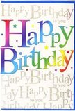 This image shows a joyful birthday card that feels full of celebration, the kind you might tuck beside a vase of fresh blooms delivered across Purley. The words Happy Birthday stretch boldly across the front in large, easy-to-read letters, each one glowing in a different vibrant colour. Rich reds and bright pinks blend into fiery orange and lemon yellow, then flow into lively greens, cool blues, and deep purples, creating a rainbow effect reminiscent of a colourful market stall on Purley High Street. The letters have a smooth, slightly glossy finish, suggesting they would catch the light and stand out clearly when the card is displayed. Behind this colourful headline, the background is washed with fine golden script, the phrase Happy Birthday to you repeated in delicate, looping cursive that weaves gently behind the bolder text. This shimmering handwriting feels like a quiet chorus of birthday wishes, as if friends and family are softly singing together around a table. The metallic gold ink adds a subtle sparkle, elegant rather than overpowering, enhancing the sense of occasion. Scattered around the main greeting are tiny stars and specks of colour, echoing the same rainbow tones and giving the impression of confetti suspended in mid-air. The card itself appears to be printed on smooth, high-quality, creamy white card stock that provides a calm, neutral canvas for the vibrant design. The overall effect is bright, warm, and inviting-a beautifully crafted birthday card that captures the spirit of celebration and would look perfect alongside a cheerful arrangement from Flowers Purley, ready for local delivery.
