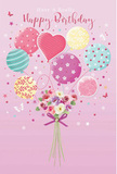 A whimsical birthday celebration comes to life in this illustration, where pastel balloons and a delicate bouquet seem ready to float above the rooftops of Purley. The scene unfolds on a soft pink canvas, warm and inviting, like the inside of a favourite café on a rainy afternoon. At the top, a cluster of balloons in sugar-soft shades of blush, mint green, lavender, and lemon gather together, each one highlighted to show a gentle, rounded shine. Every balloon has its own character: some spin with candy-coloured stripes, others sparkle with playful polka dots, and a central heart-shaped balloon radiates quiet affection, its shape unmistakable even from a distance. From their gathered strings hangs a charming bouquet of fresh-looking flowers, the stems neatly tied with a violet satin-style bow that glimmers softly. The blooms themselves are a romantic mix of creamy ivory roses, blush-pink flowers, and anemone-like blossoms in gentle mauve, clustered tightly to create a sense of fullness and abundance. Their petals appear feathery and soft, inviting the imagination to lean in and breathe in a sweet, floral fragrance, like receiving a surprise delivery on a birthday morning in Purley. Tiny stars and butterflies seem to drift around the design, adding a magical, fairy-tale touch that enhances the feeling of lightness and joy. Gentle light washes over the composition, illuminating the balloons and defining the layered petals, giving the whole artwork a sense of motion and celebration. It perfectly captures the spirit of a bright, unforgettable birthday, the kind that leaves someone feeling truly special and cherished.