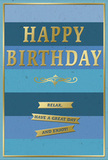 A tastefully designed birthday card fills the image, its composition balancing cool blue tranquility with soft golden sparkle, much like a relaxed celebration at home in Purley. The card's background consists of broad, horizontal stripes running from left to right, each stripe a different shade of blue. At the base, a deep navy stripe provides a strong foundation. Above it, the blues gradually lighten through rich ocean hues and gentle teal tones, culminating in a pale, sky-like blue at the top. Set prominently in the center, the words HAPPY BIRTHDAY appear in large, embossed gold capitals. The gold lettering catches the light with a gentle shine, and its raised texture suggests a pleasing tactile feel against the smoother matte surface beneath. Directly below the main message, a slender, curling gold flourish adds an ornamental touch, bringing to mind the refined patterns of traditional greeting cards. Beneath this flourish, three narrow gold banners are positioned one beneath the other, forming a descending staircase of warm encouragement. Each banner carries a part of the birthday wish: Relax, have a great day and enjoy! The banners are cleanly defined, standing out clearly against the calm blue background. A fine gold line traces the very edge of the card, encasing the design in a subtle frame that completes the piece. The overall effect is elegant yet understated, ideal for pairing with a hand-tied bouquet from a Purley florist. The card conveys not only birthday congratulations, but also an invitation to pause, breathe, and truly savor the day's simple pleasures.